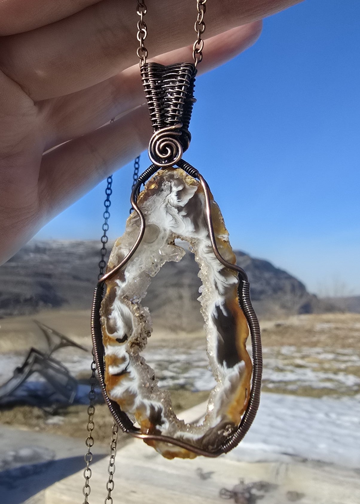 Geode Window Pendant Wire Wrapped in Antique copper
