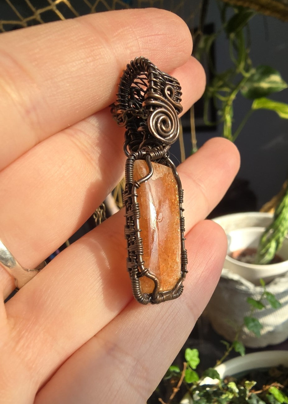Sunstone Pendant Wire Wrapped in Antique Copper