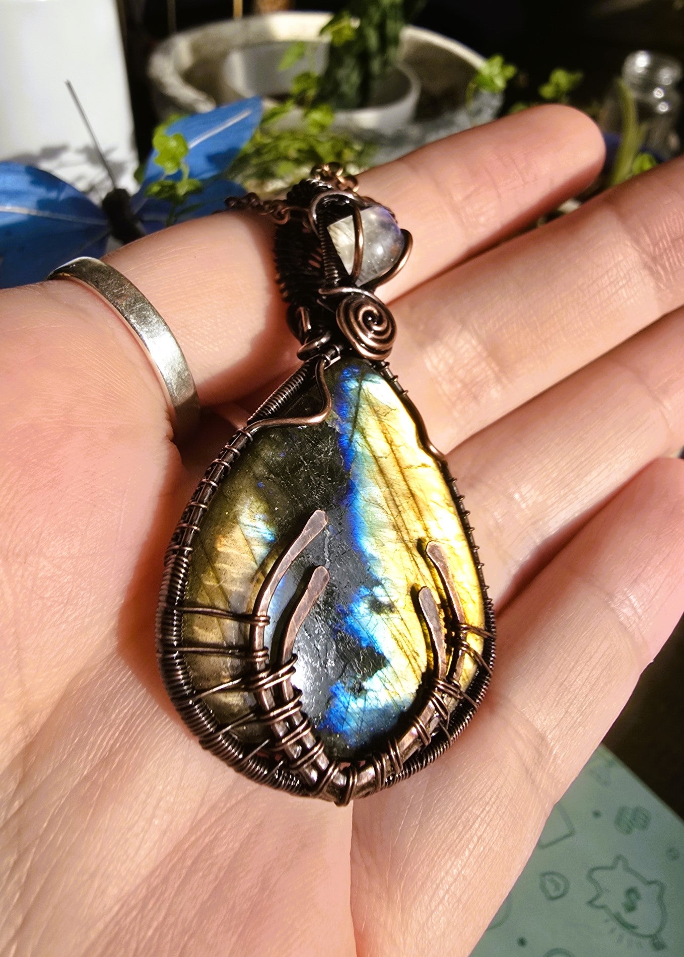 Labradorite and Moonstone Antler Wire Wrapped Pendant in Antique Copper