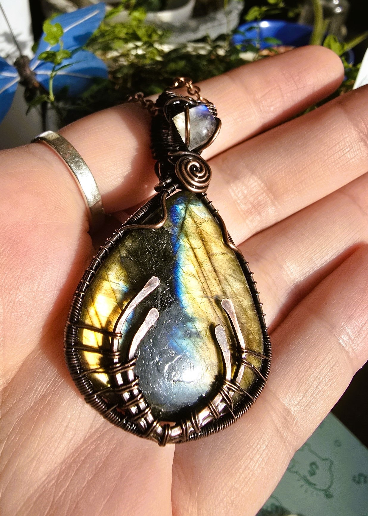 Labradorite and Moonstone Antler Wire Wrapped Pendant in Antique Copper