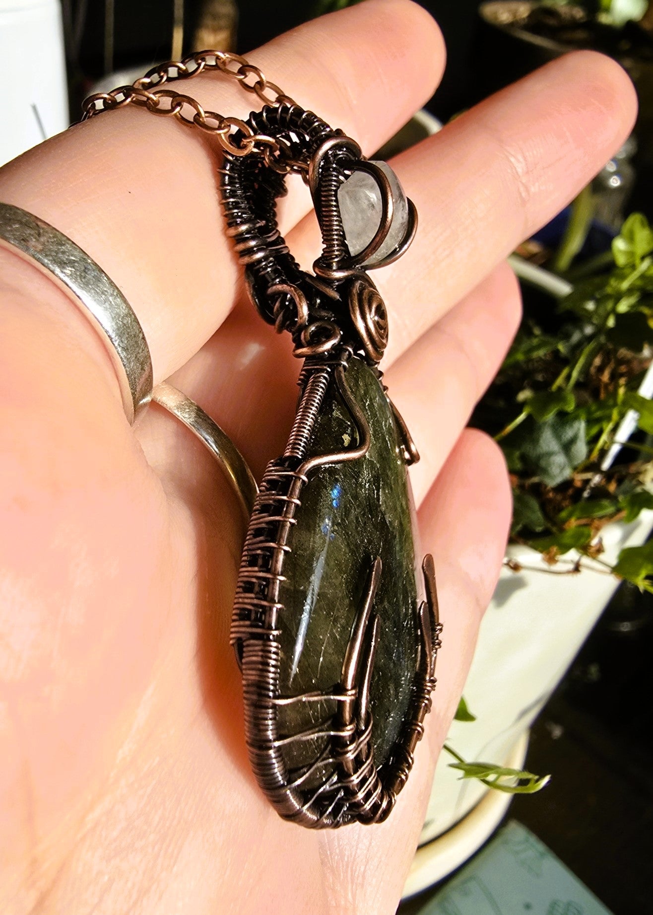 Labradorite and Moonstone Antler Wire Wrapped Pendant in Antique Copper