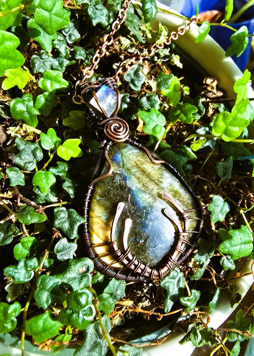 Labradorite and Moonstone Antler Wire Wrapped Pendant in Antique Copper