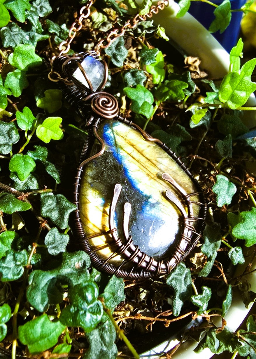 Labradorite and Moonstone Antler Wire Wrapped Pendant in Antique Copper