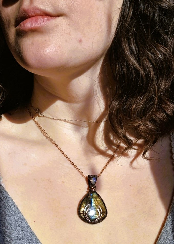Labradorite and Moonstone Antler Wire Wrapped Pendant in Antique Copper