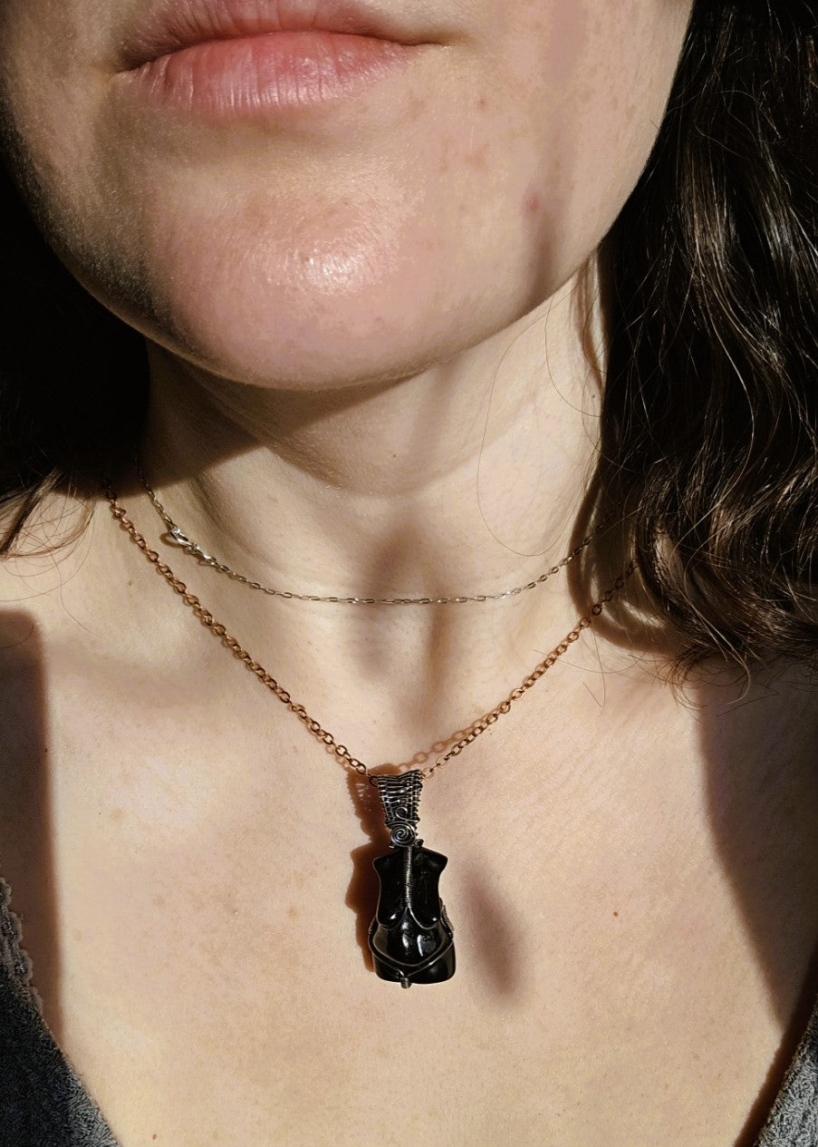 Obsidian Goddess Wire Wrapped in Sterling Silver Pendant