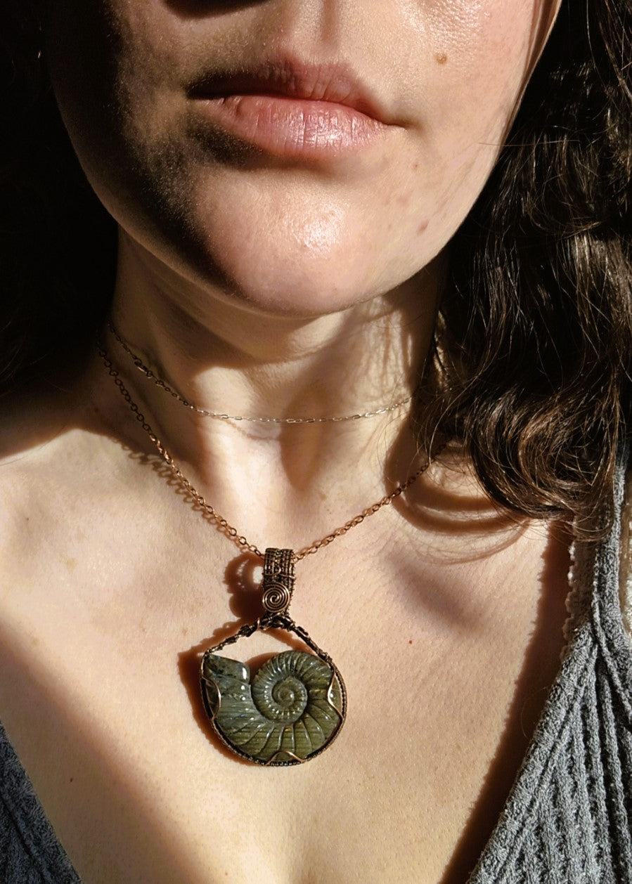 Ammonite Shaped Labradorite Necklace Wire Wrapped in Antique Copper