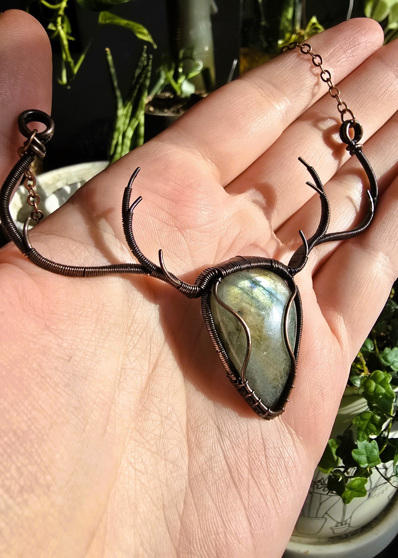Labradorite Deer Stag Pendant Wire Wrapped In Antiqued Copper