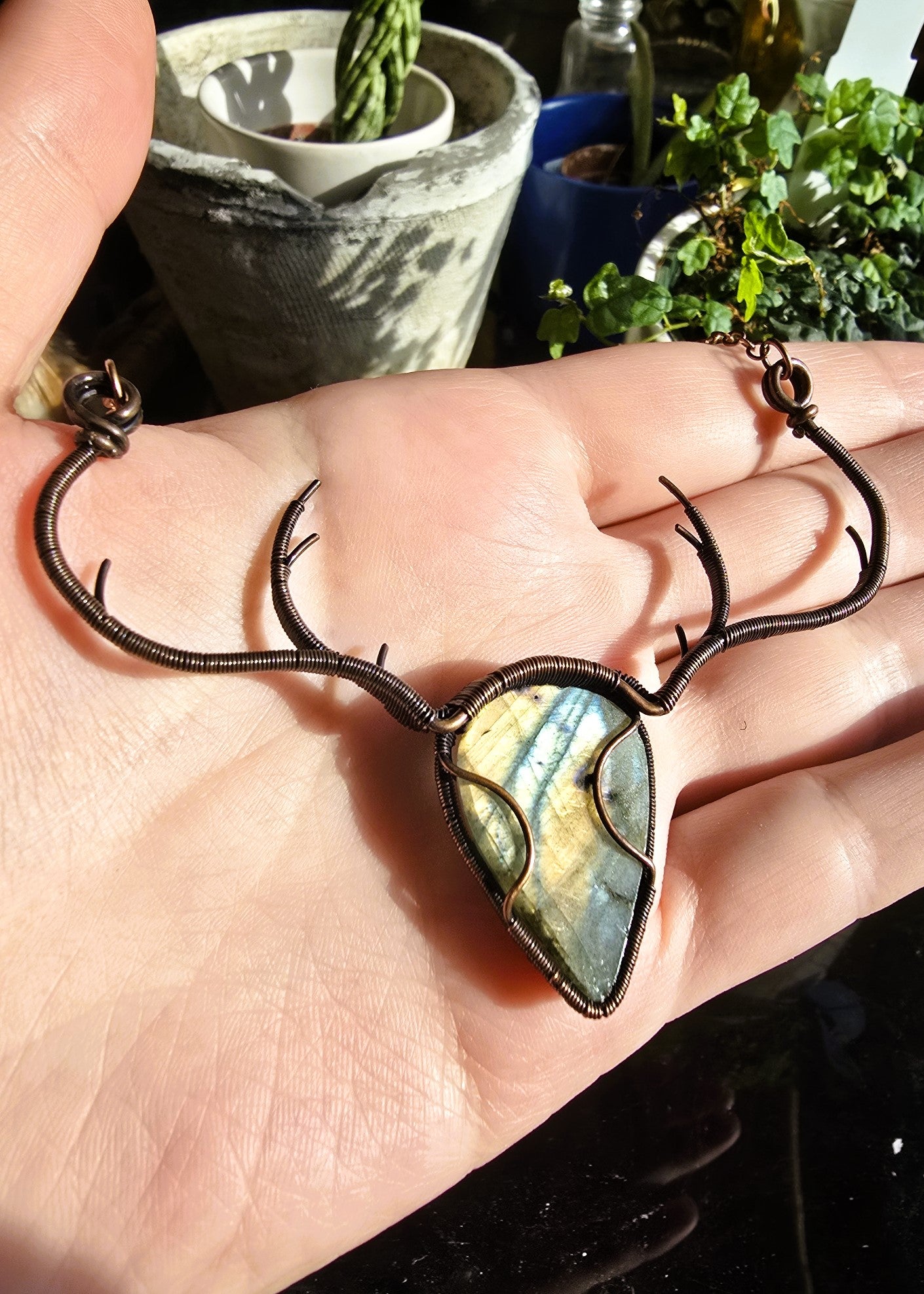 Labradorite Deer Stag Pendant Wire Wrapped In Antiqued Copper