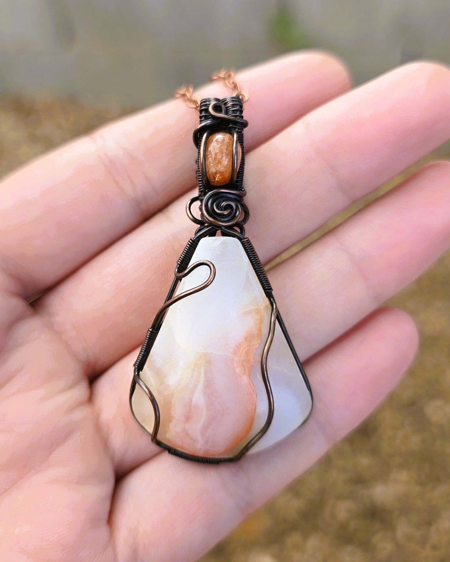 Agate & Sunstone Wire Wrapped Pendant in Antiqued Copper