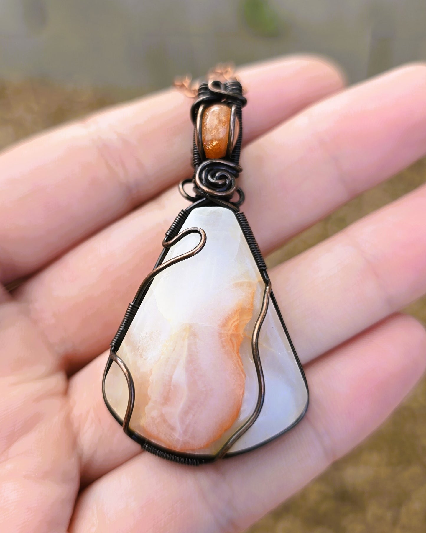 Agate & Sunstone Wire Wrapped Pendant in Antiqued Copper