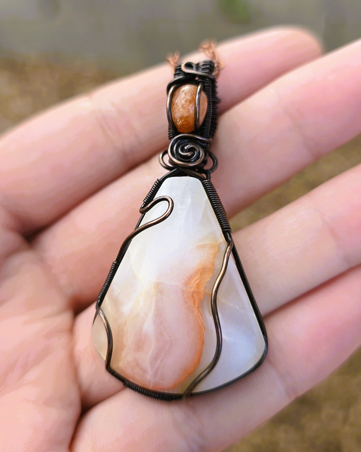 Agate & Sunstone Wire Wrapped Pendant in Antiqued Copper