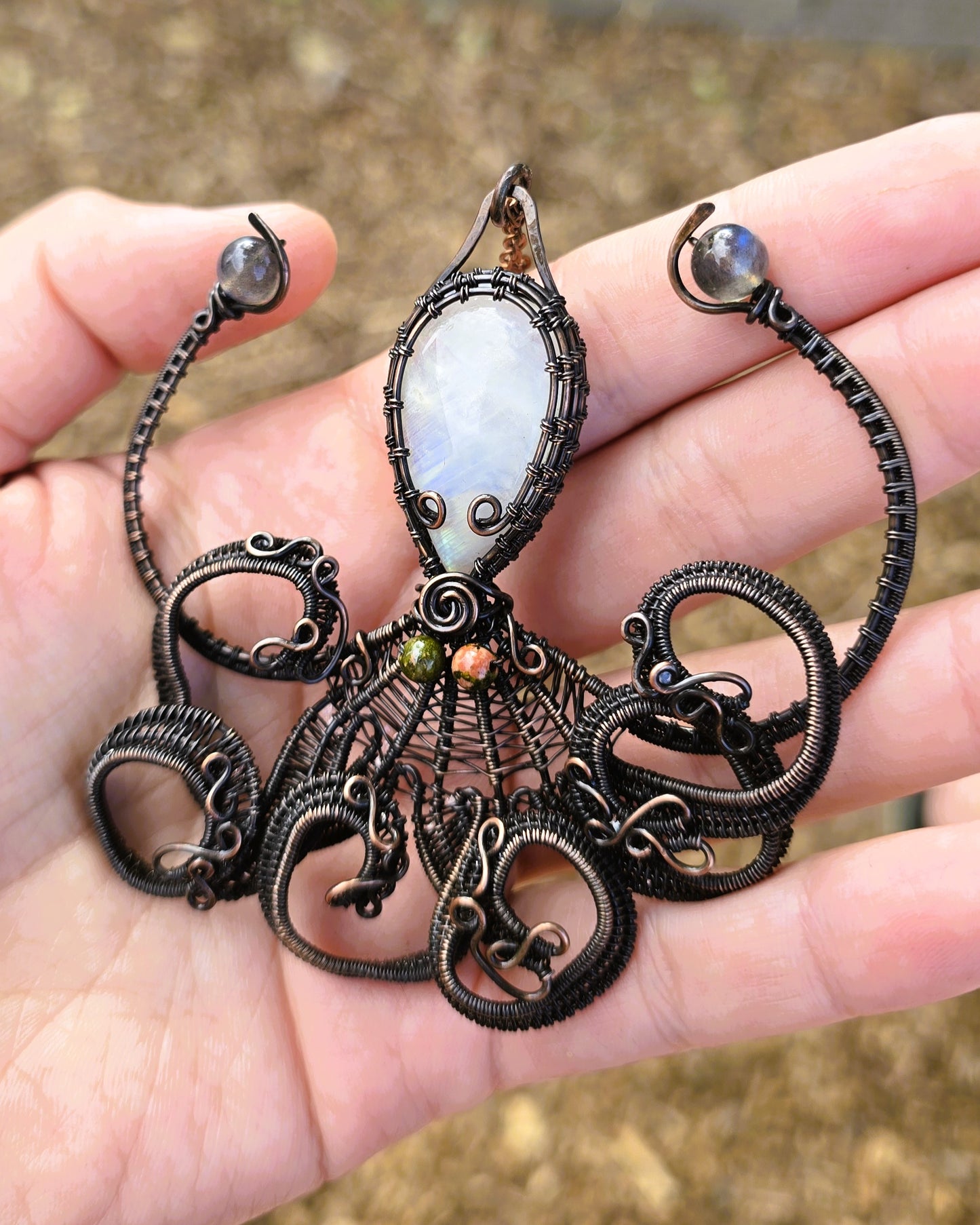Octopus Wire Wrapped Pendant featuring Moonstone with Unakite Jasper and Labradorite accents