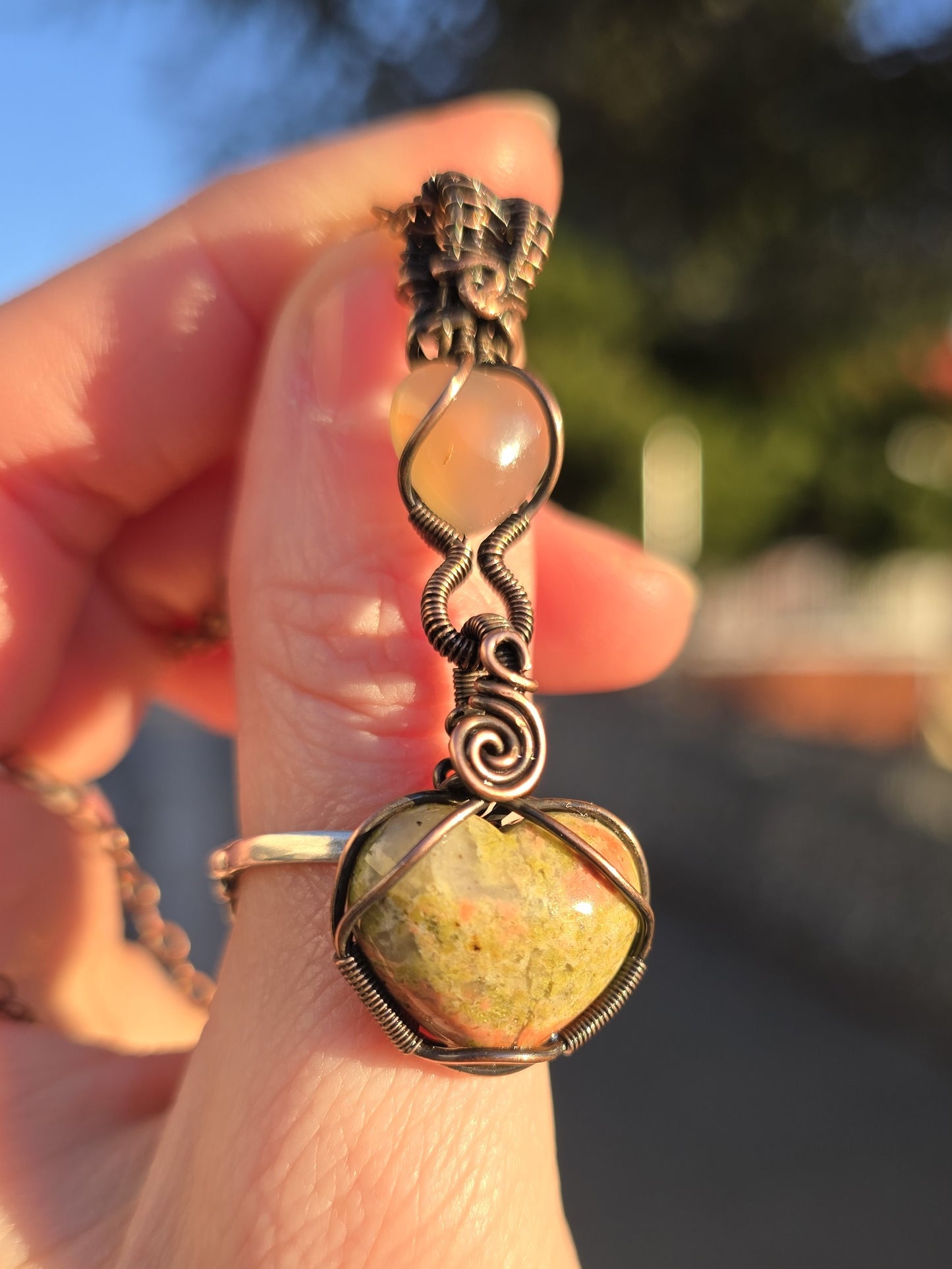 Unakite Jasper & Agate Hearts Wire Wrapped Pendant