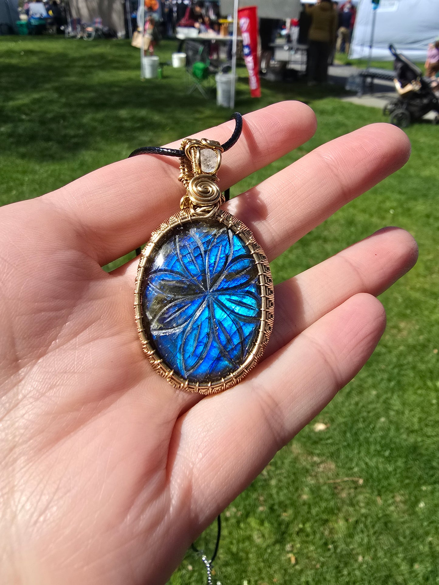 Labradorite flower with Moonstone crown wire wrapped in jewelry brass