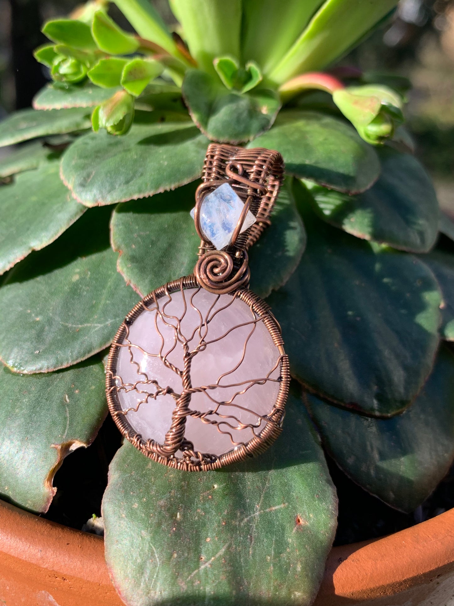 Rose Quartz Tree Of Life Pendant with Moonstone Crown