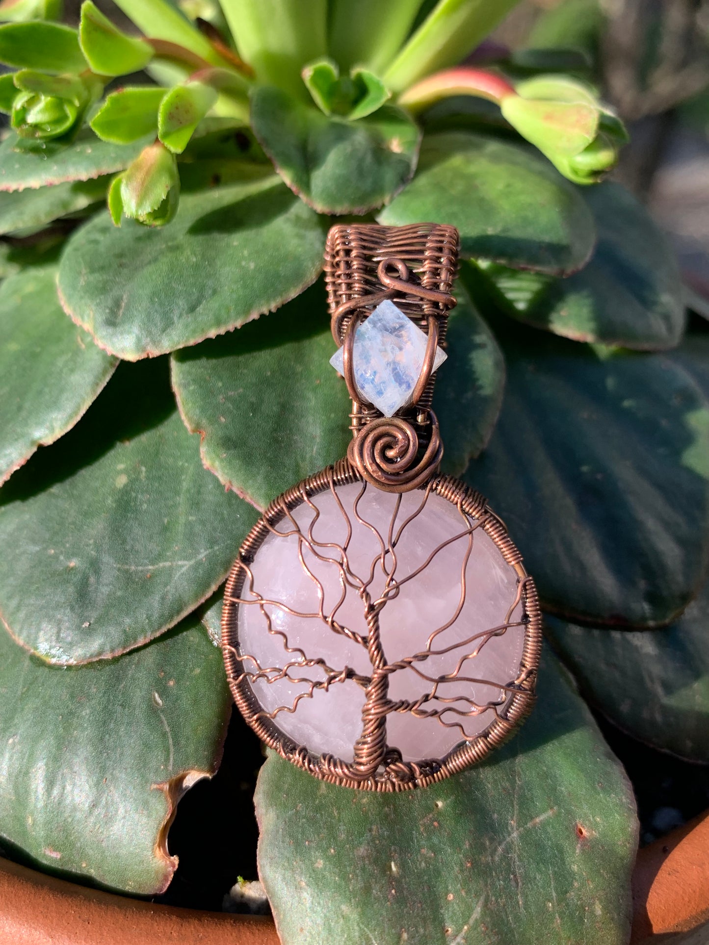 Rose Quartz Tree Of Life Pendant with Moonstone Crown