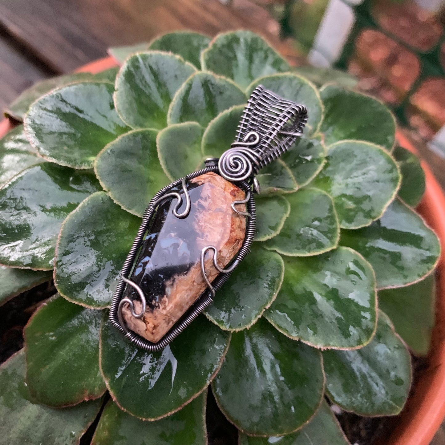 The Coffin Of Rest And Peace featuring a Beautiful Carved Petrified Palm Root Coffin Wire Wrapped in Antiqued and polished Sterling Silver