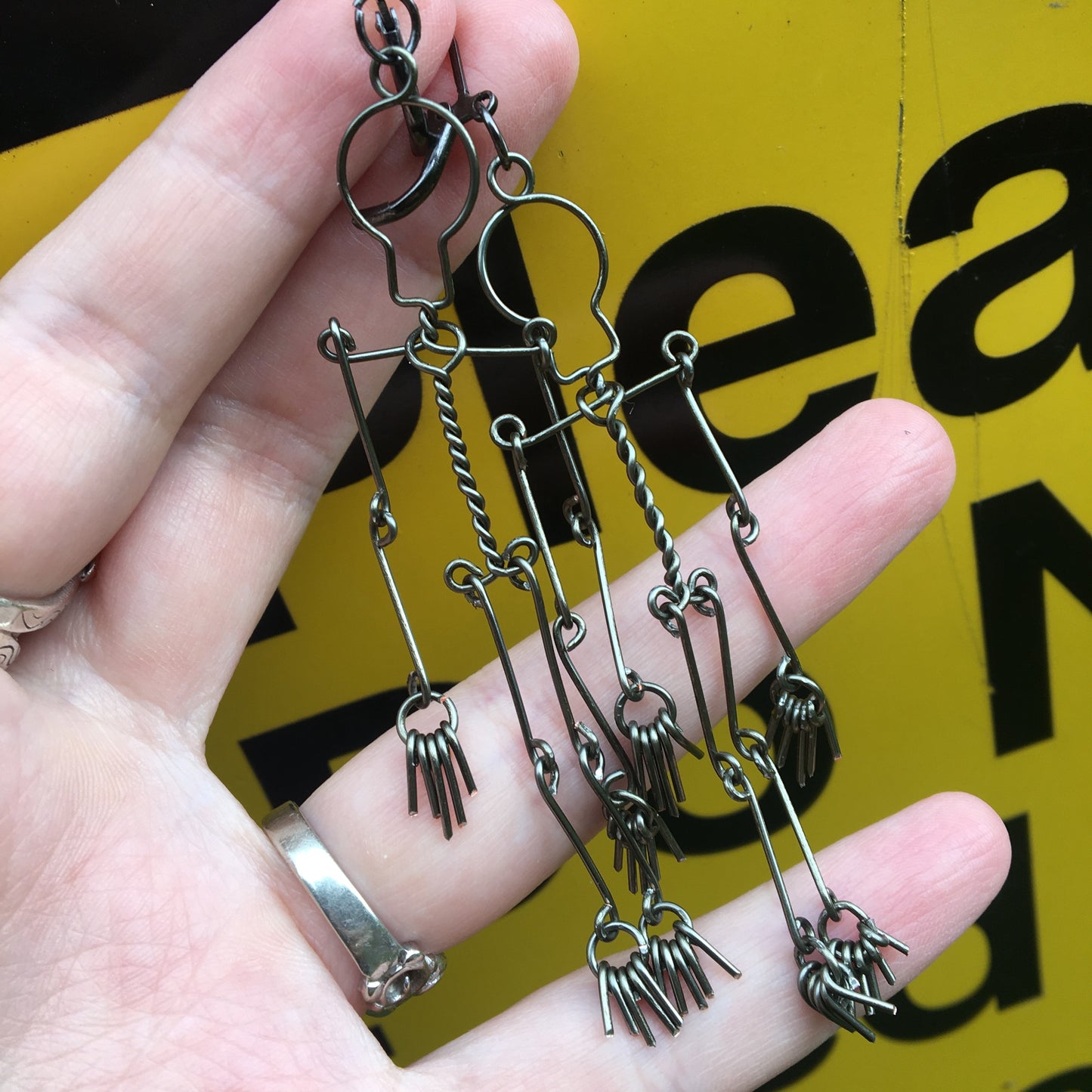 Hematite Dangly Wire Wrapped Skeleton Earrings - Wire Art Earrings - Unique Halloween Earrings - Halloween Jewelry - Skeleton Wire Weave Art