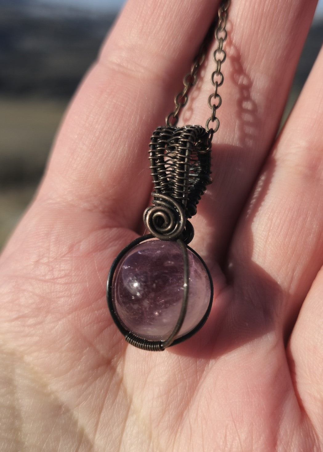 Amethyst Sphere Pendant Wire Wrapped in Antique Copper