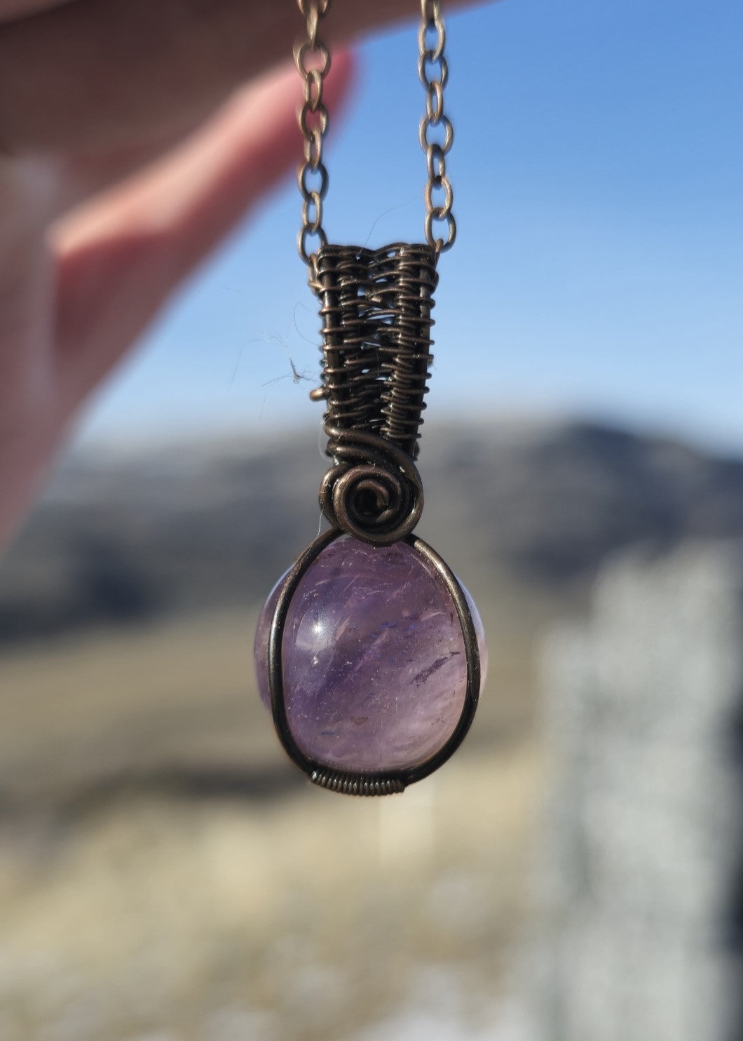Amethyst Sphere Pendant Wire Wrapped in Antique Copper