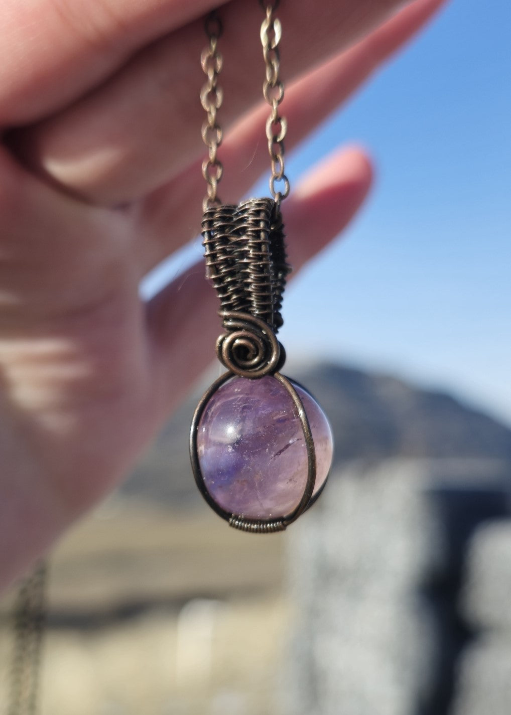 Amethyst Sphere Pendant Wire Wrapped in Antique Copper