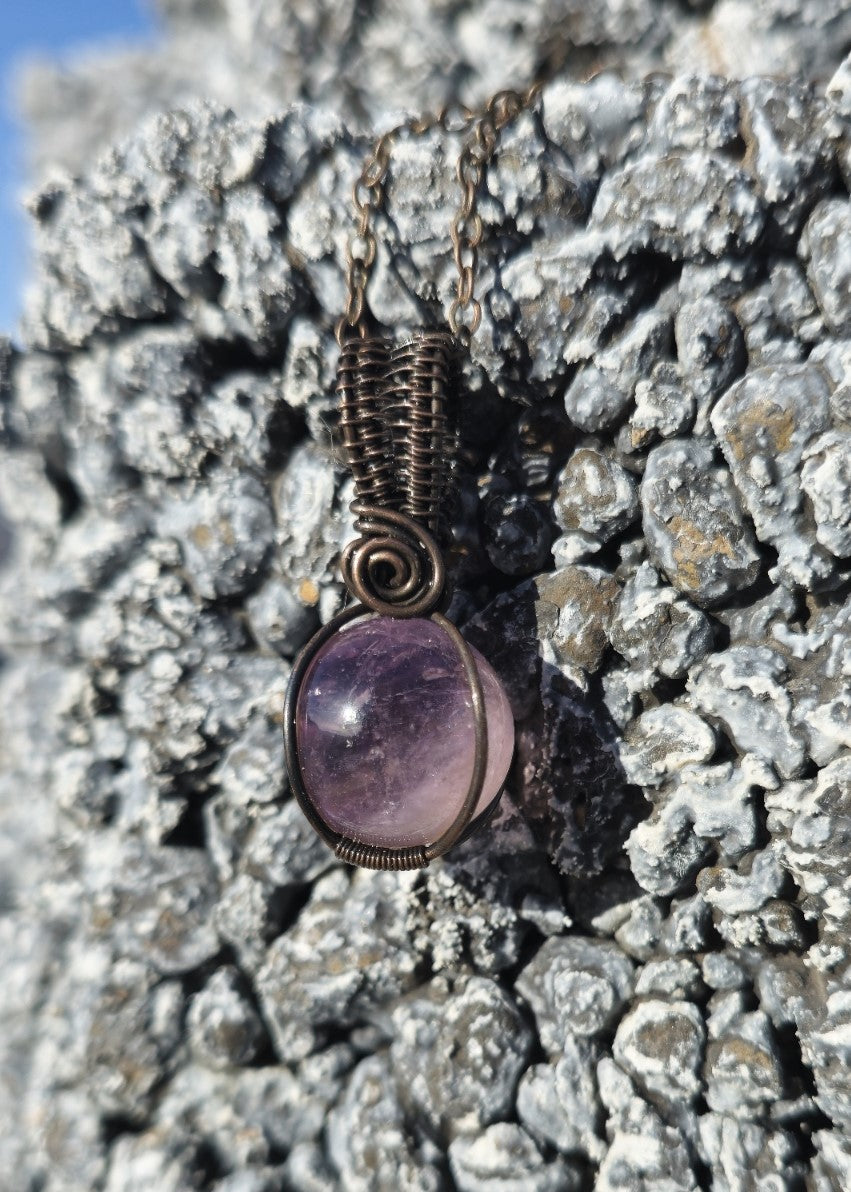Amethyst Sphere Pendant Wire Wrapped in Antique Copper