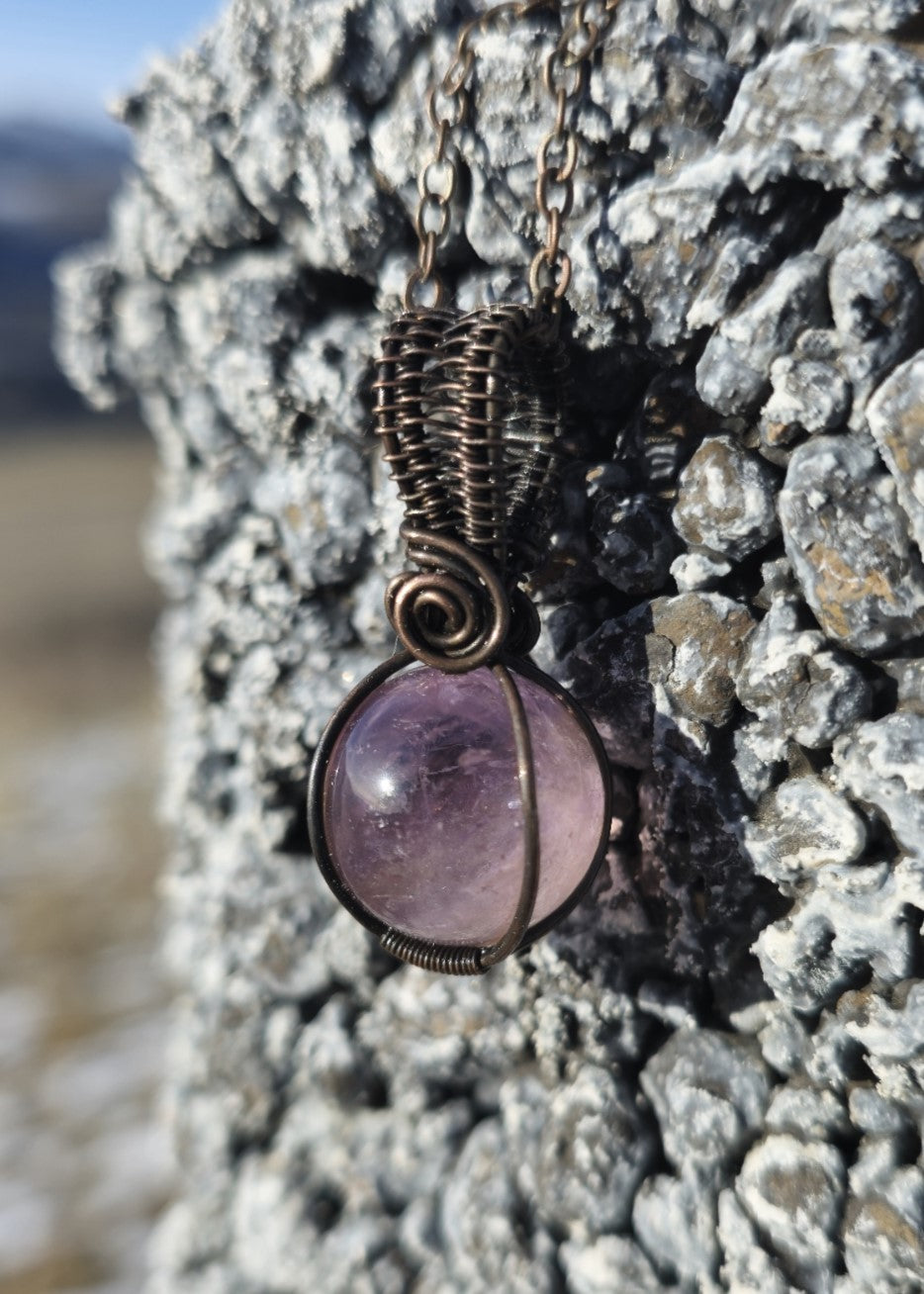 Amethyst Sphere Pendant Wire Wrapped in Antique Copper