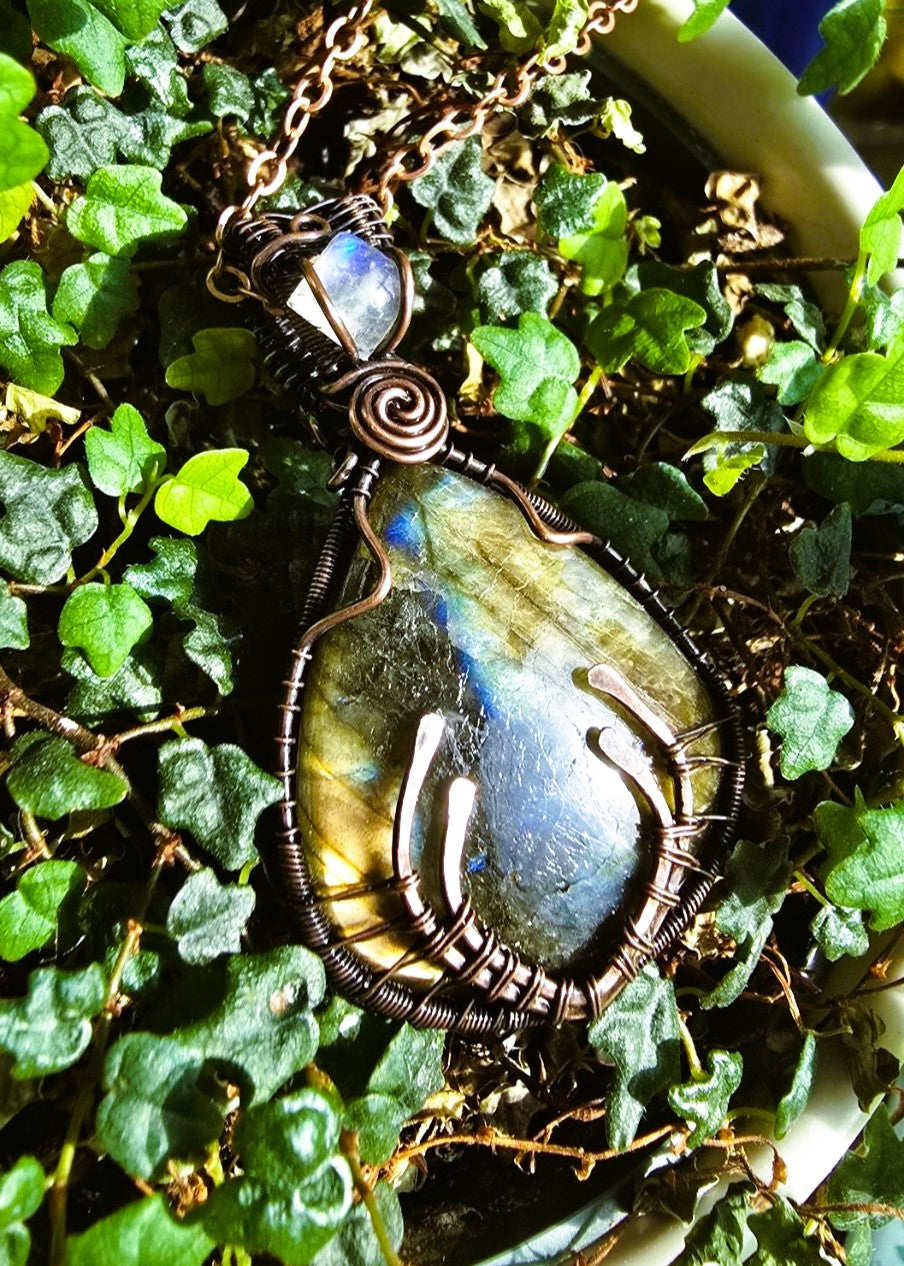 Labradorite and Moonstone Antler Wire Wrapped Pendant in Antique Copper