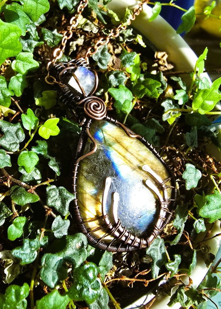 Labradorite and Moonstone Antler Wire Wrapped Pendant in Antique Copper
