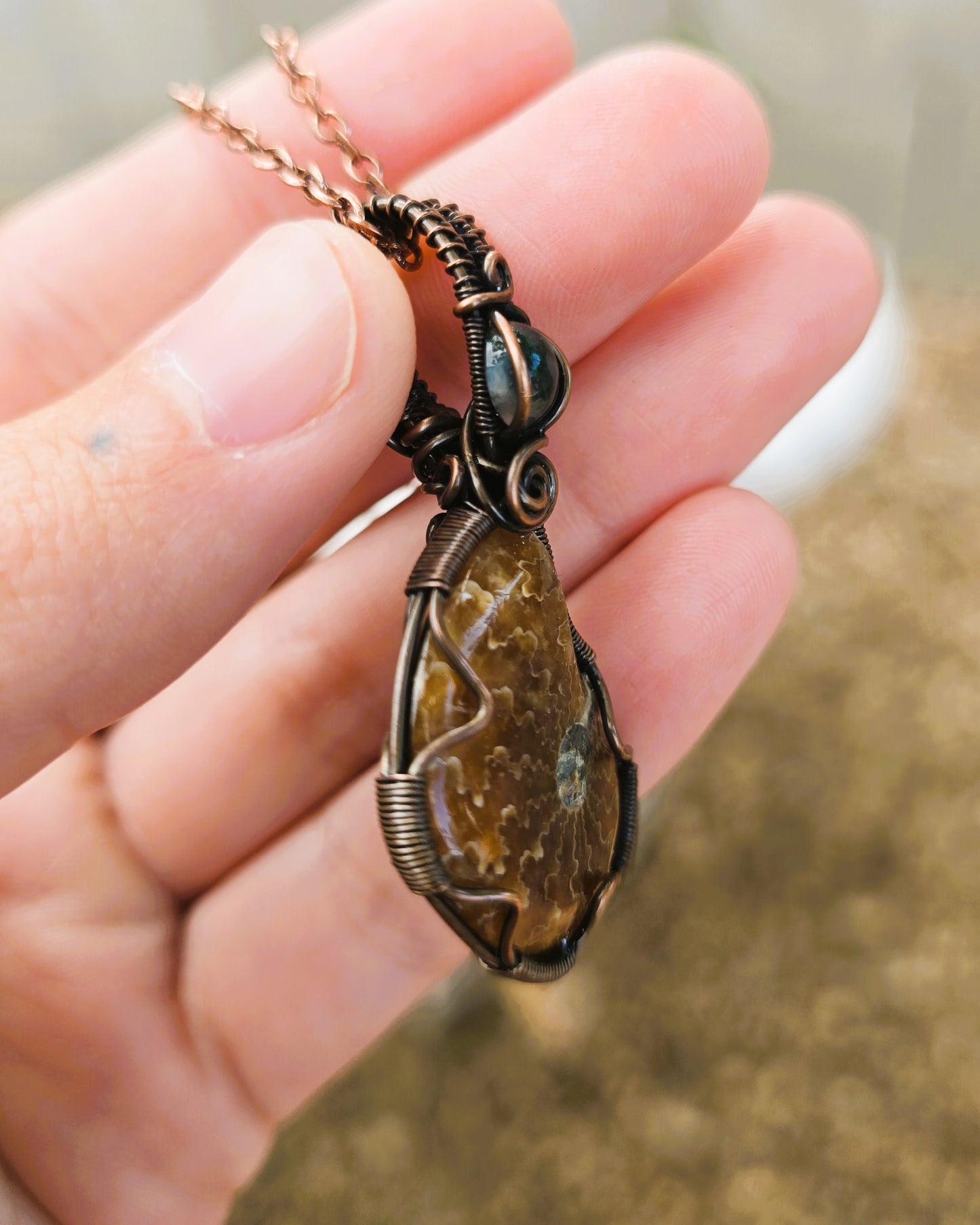 Ammonite and Moss Agate Pendant