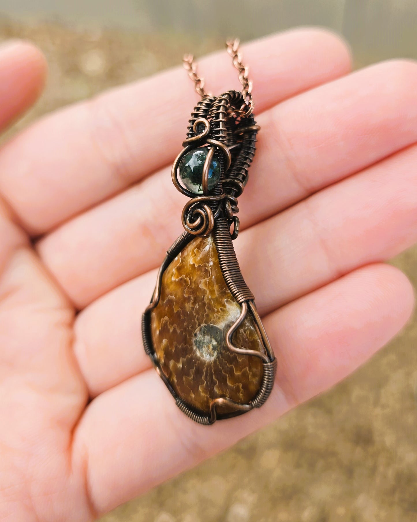 Ammonite and Moss Agate Pendant
