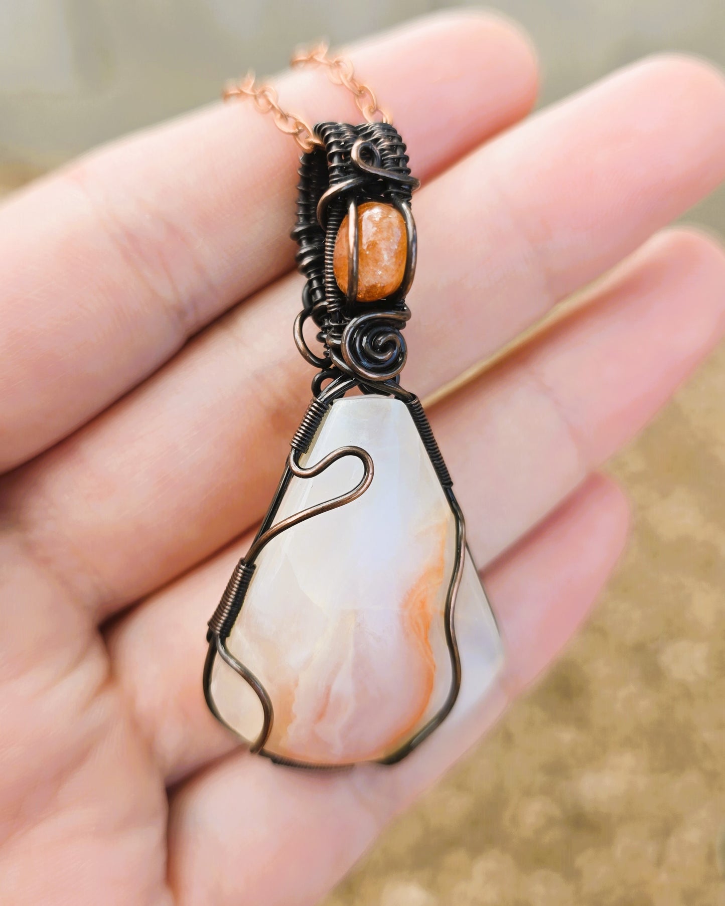 Agate & Sunstone Wire Wrapped Pendant in Antiqued Copper