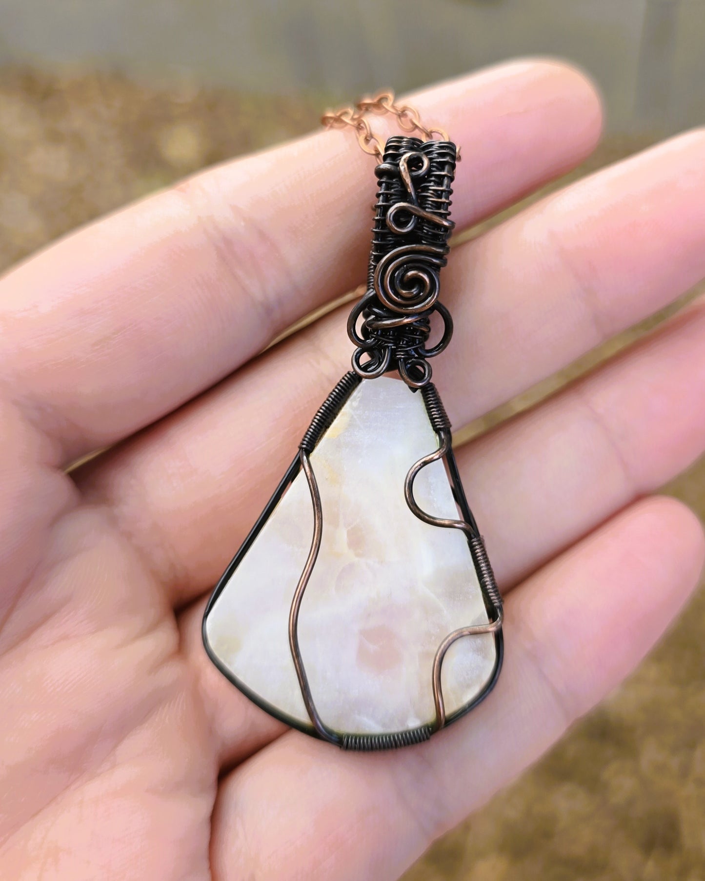 Agate & Sunstone Wire Wrapped Pendant in Antiqued Copper