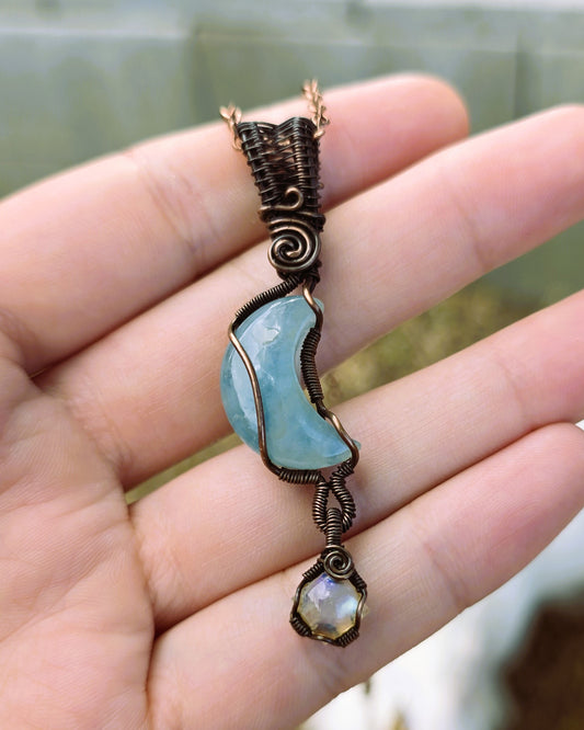 Aquamarine and Moonstone Wire Wrapped Pendant