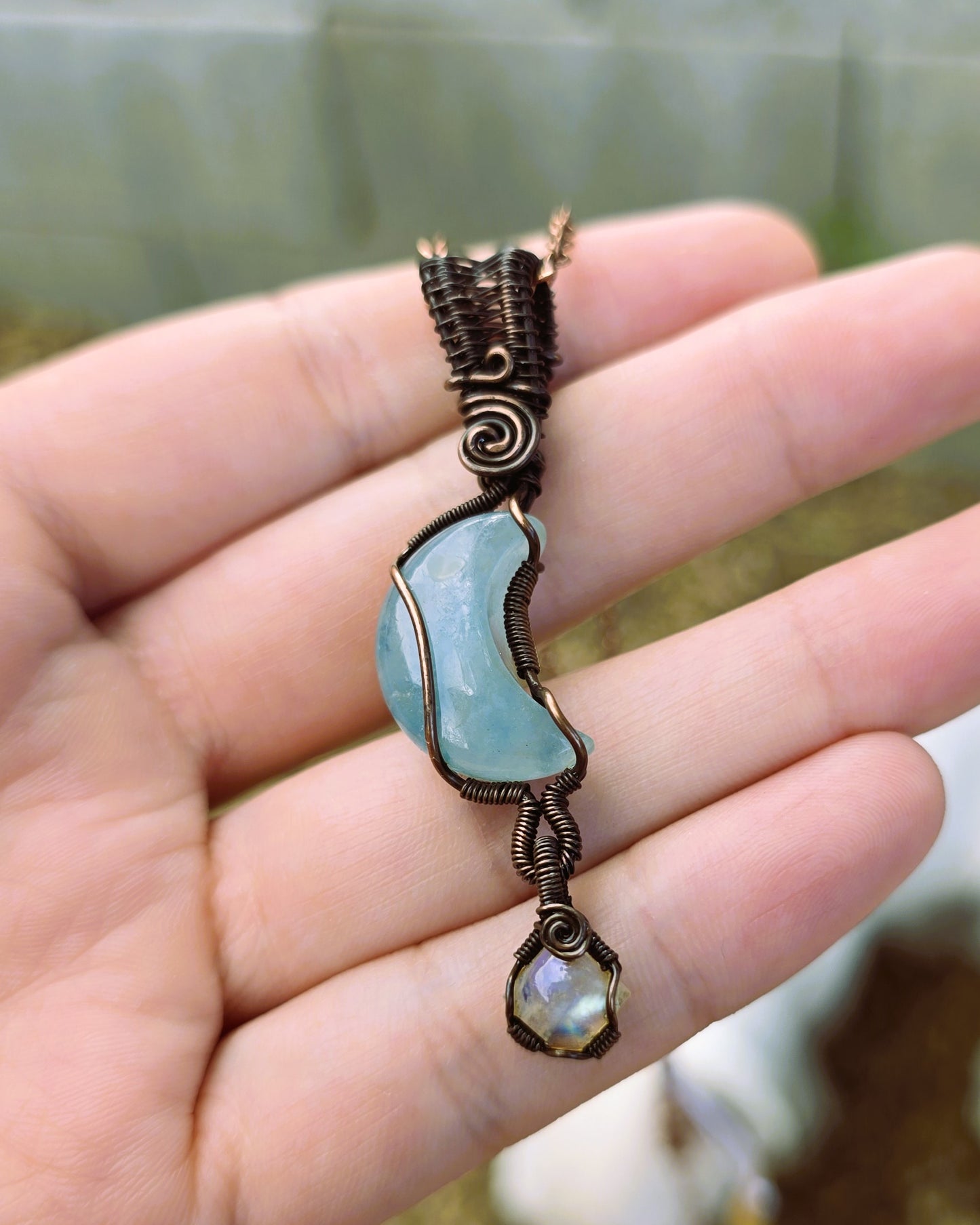 Aquamarine and Moonstone Wire Wrapped Pendant