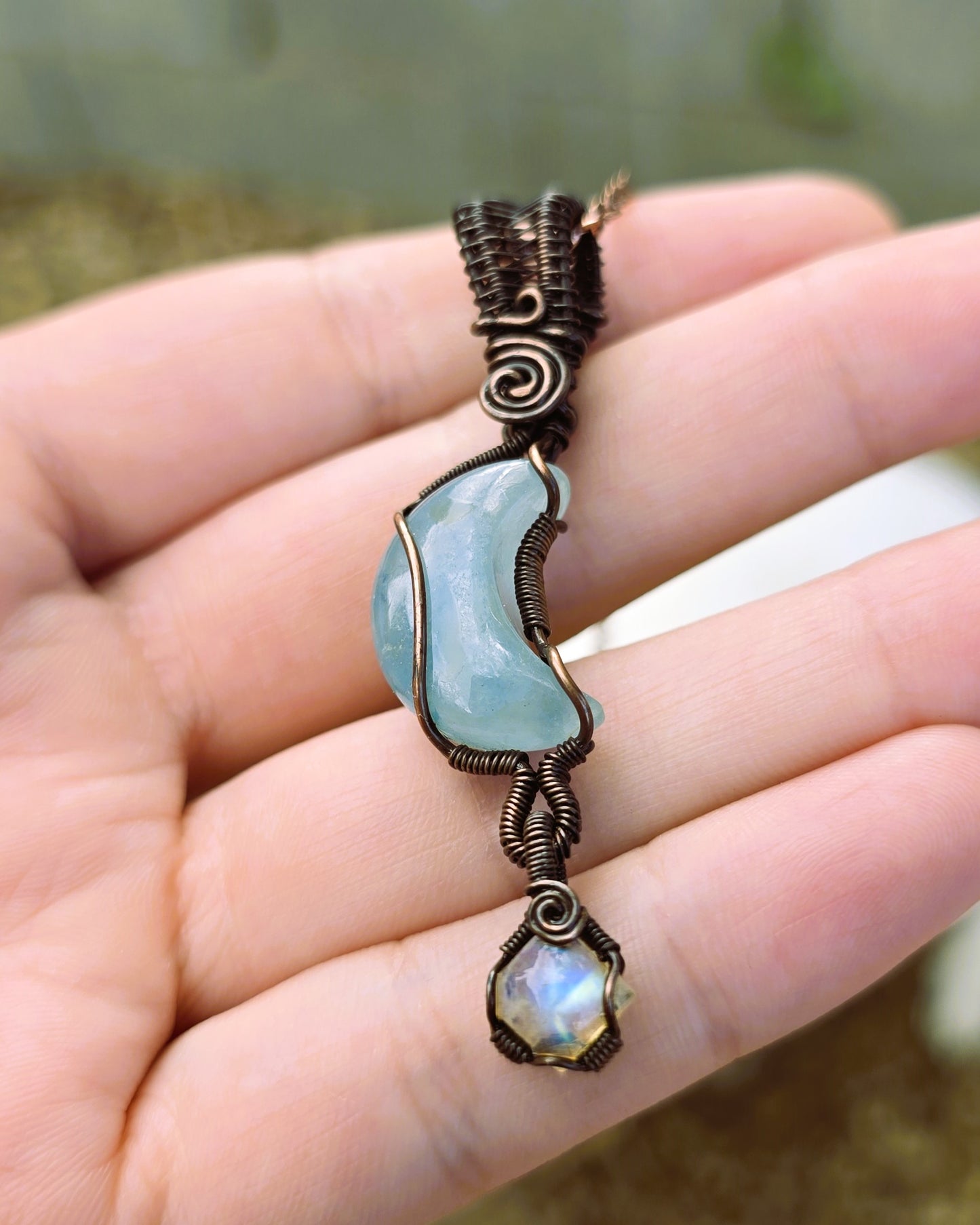 Aquamarine and Moonstone Wire Wrapped Pendant