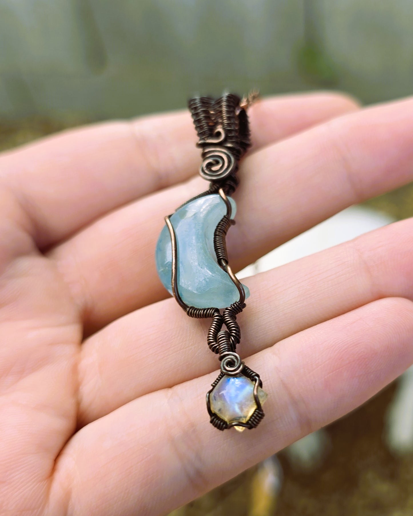 Aquamarine and Moonstone Wire Wrapped Pendant