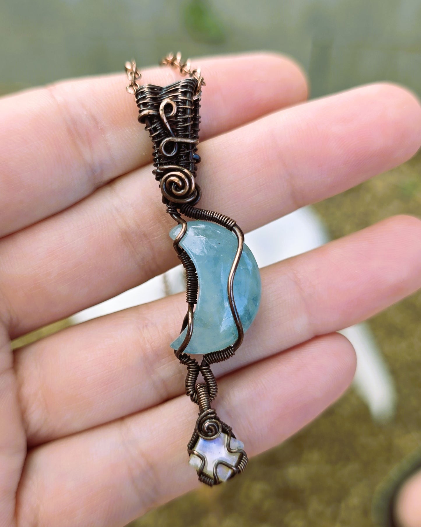 Aquamarine and Moonstone Wire Wrapped Pendant