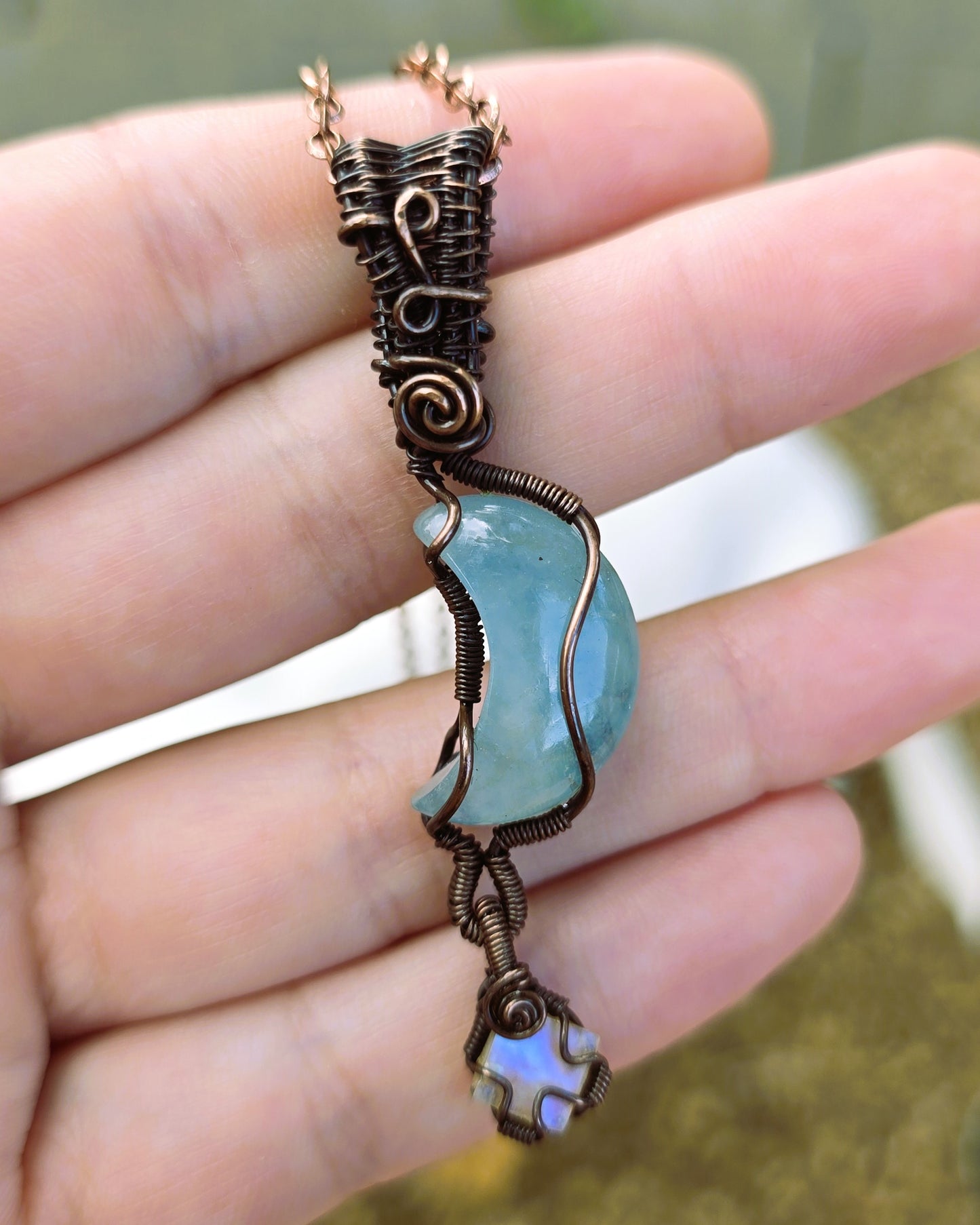 Aquamarine and Moonstone Wire Wrapped Pendant