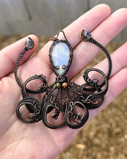 Octopus Wire Wrapped Pendant featuring Moonstone with Unakite Jasper and Labradorite accents
