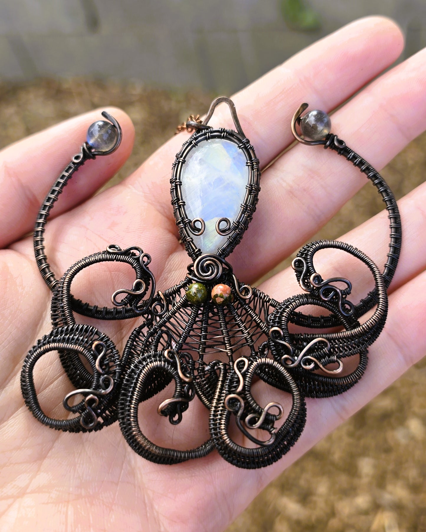 Octopus Wire Wrapped Pendant featuring Moonstone with Unakite Jasper and Labradorite accents