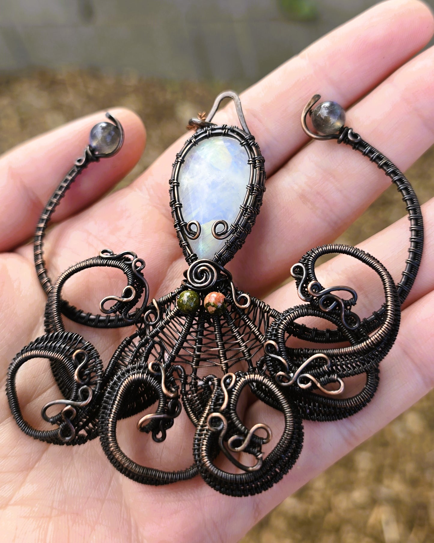 Octopus Wire Wrapped Pendant featuring Moonstone with Unakite Jasper and Labradorite accents