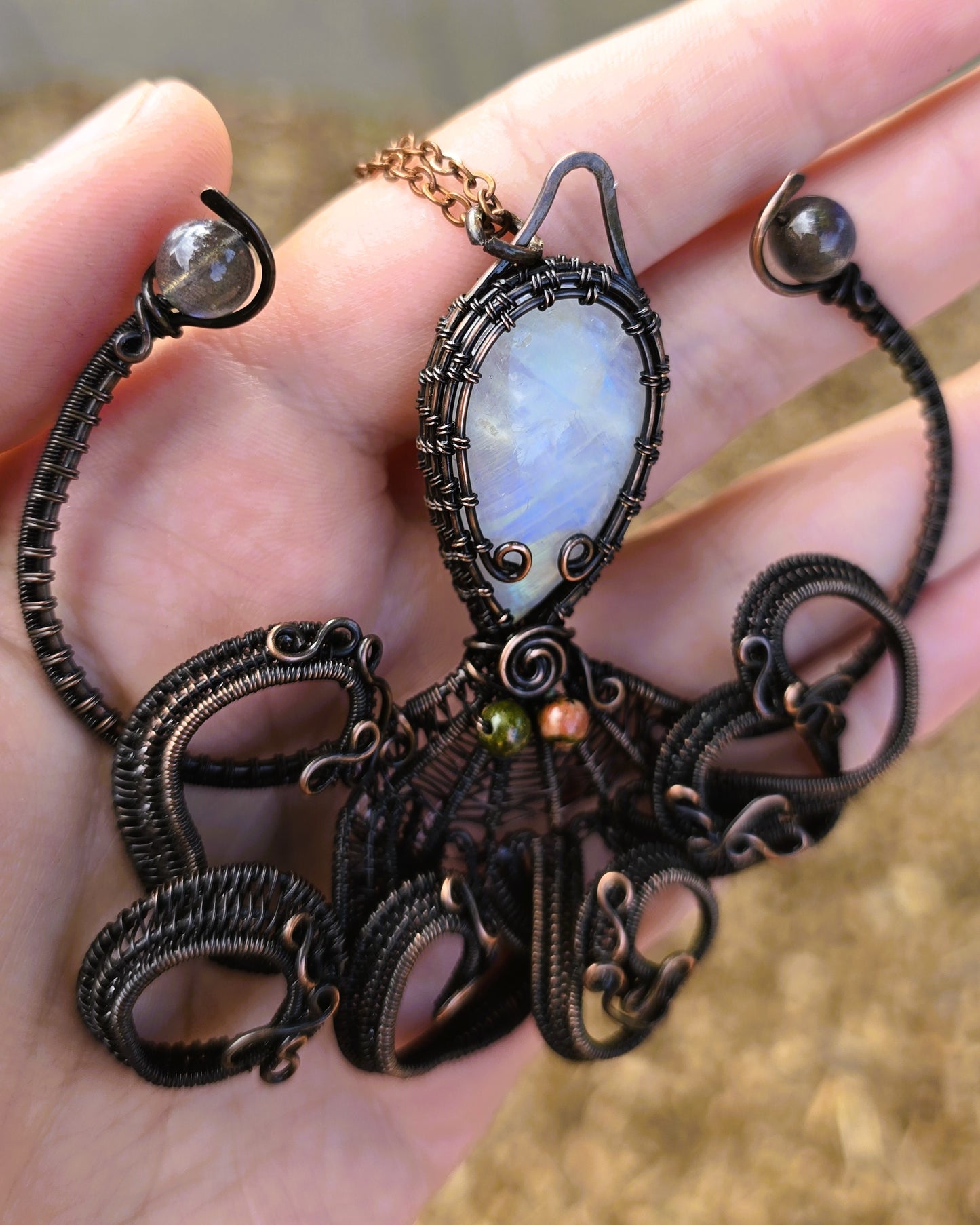 Octopus Wire Wrapped Pendant featuring Moonstone with Unakite Jasper and Labradorite accents