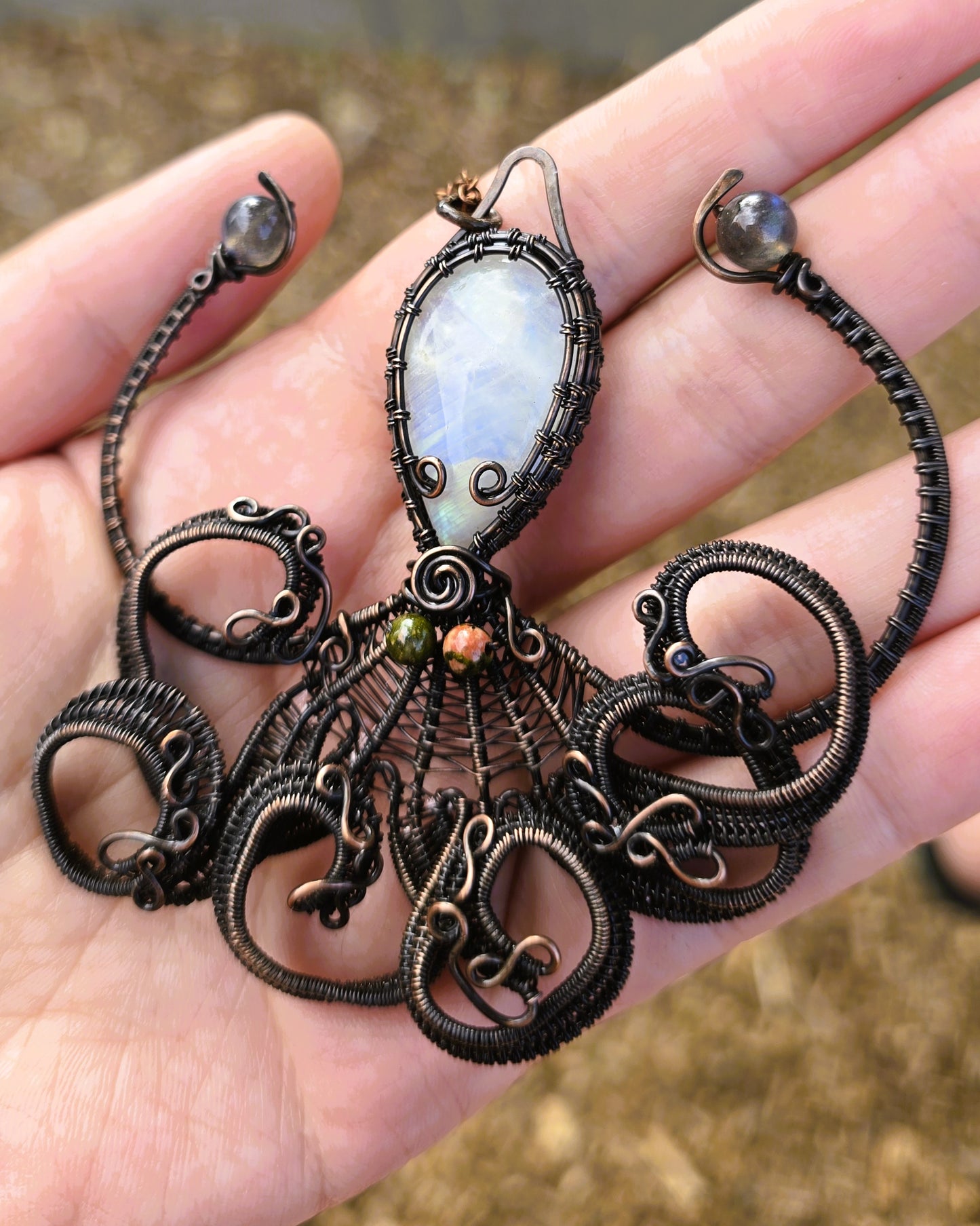 Octopus Wire Wrapped Pendant featuring Moonstone with Unakite Jasper and Labradorite accents
