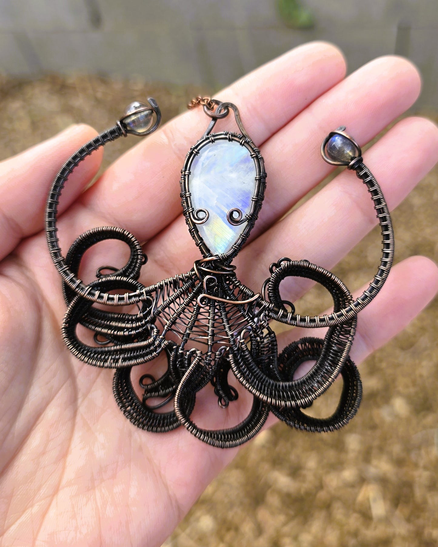 Octopus Wire Wrapped Pendant featuring Moonstone with Unakite Jasper and Labradorite accents