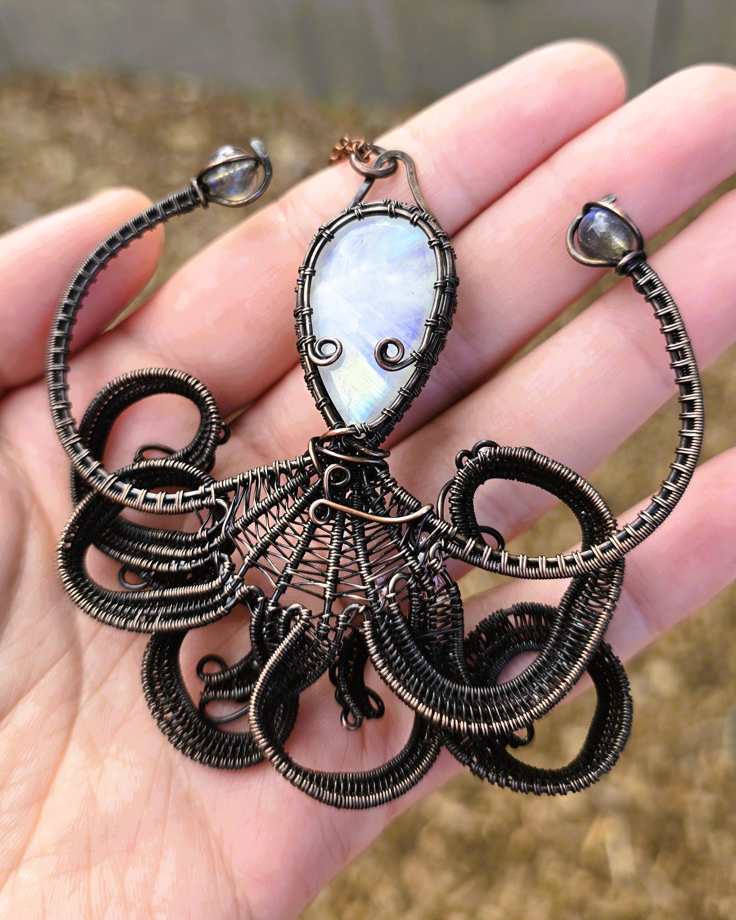Octopus Wire Wrapped Pendant featuring Moonstone with Unakite Jasper and Labradorite accents