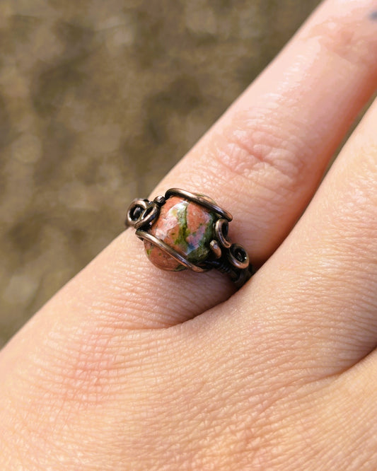 Unakite Jasper Antiqued Copper Ring Size 4