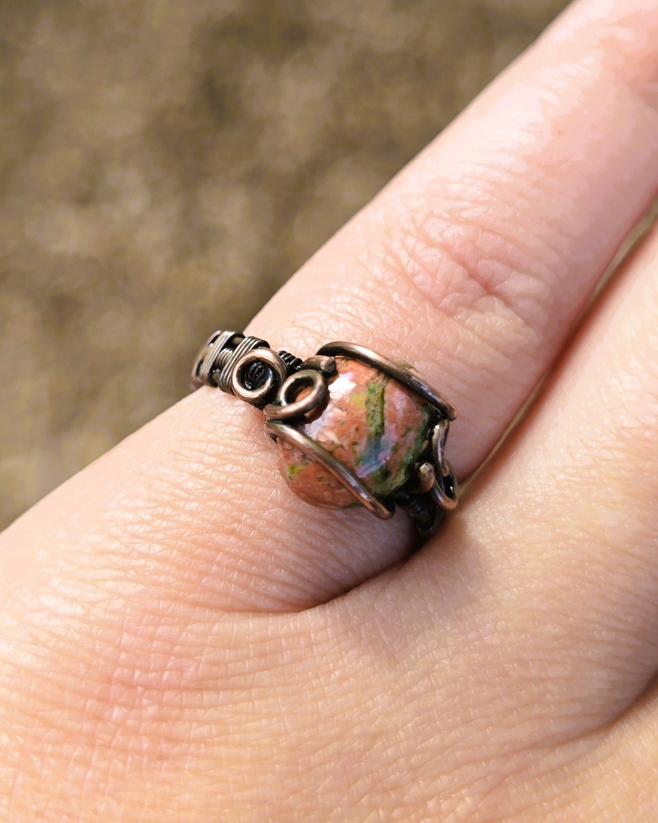 Unakite Jasper Antiqued Copper Ring Size 4