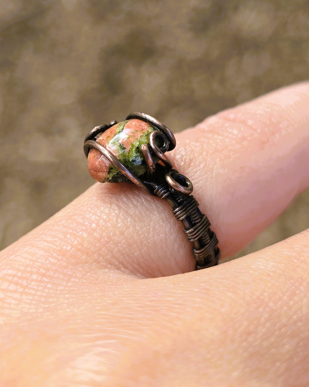 Unakite Jasper Antiqued Copper Ring Size 4