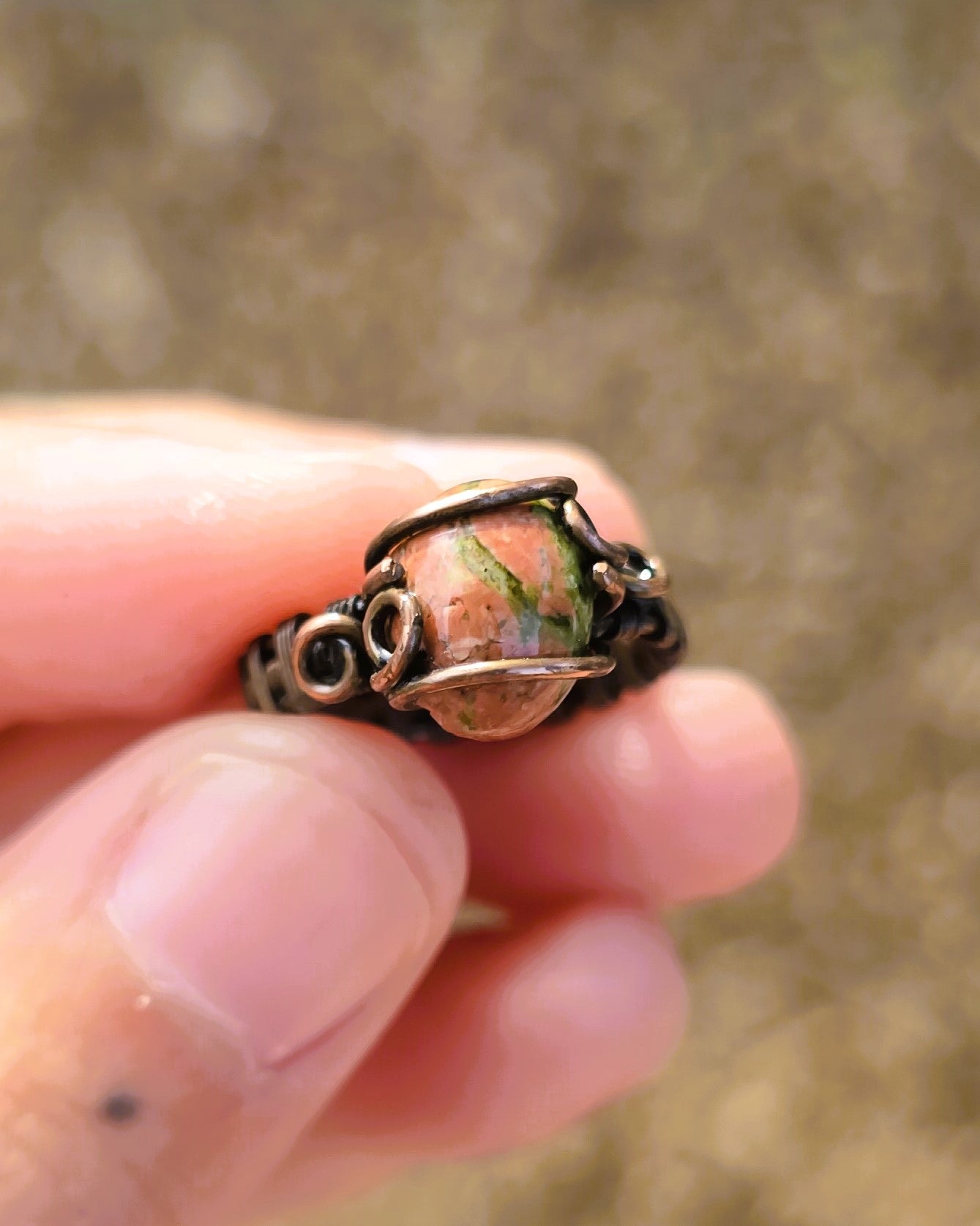 Unakite Jasper Antiqued Copper Ring Size 4